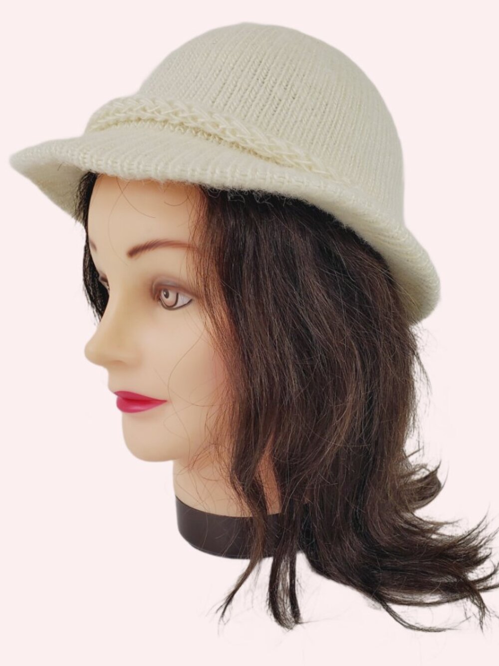 Vintage Hansen Knit Cloche Bucket Hat Cream Ivory Braided Trim Lined USA Made